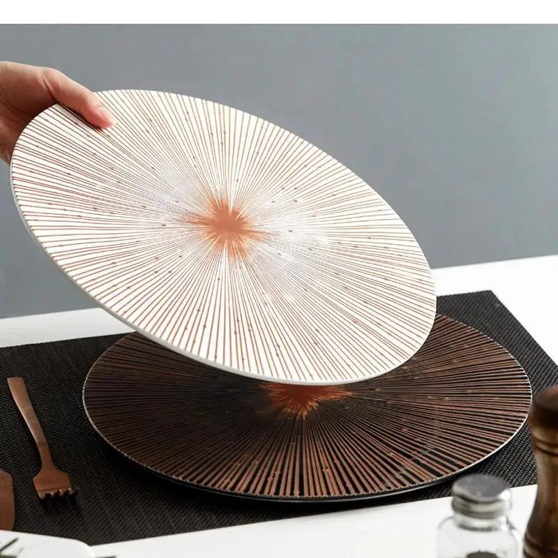 Round Ceramic Dinner Plate Household Striped Tableware Snack Restaurant Sushi Dessert Products