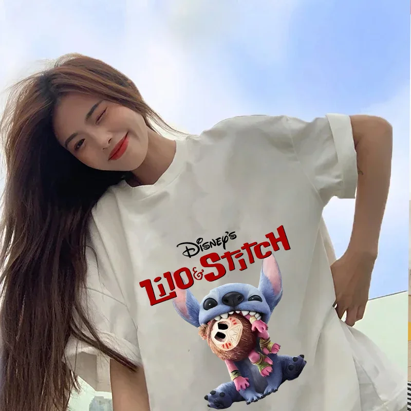 

Lilo Stitch Women's T-Shirts Disneys Print Tees Casual Street Femalewear Summer Oversized Short Sleeves Fashion Lady Y2k Clothes