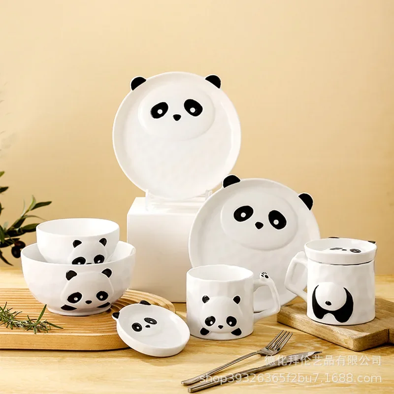 Cartoon Panda Series Ceramic Tableware,Playful Children's Assisting Food Bowl Plate Cup Set,Exquisite Home Kitchen Decoration