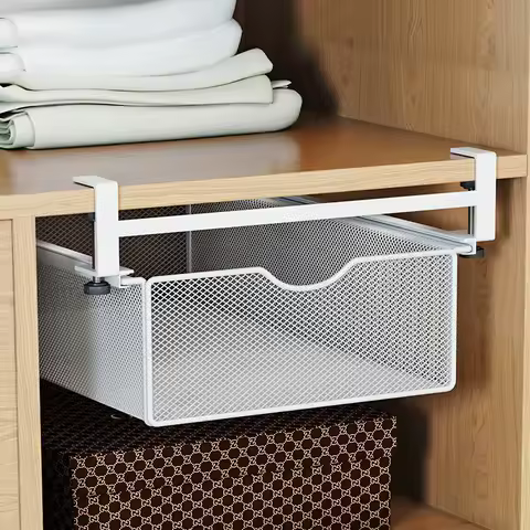 Metal Grid Wardrobe Pull-Out Basket Partition Layered Hanging Storage Rack No-Drill Clothes Underwear Socks Tie Belt