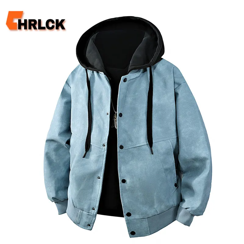 

CHRLCK Men's Hoodie Vintage Faux Leather Jacket Spring Autumn Zipper Casual Coat Men's Loose American Style Biker Jackets