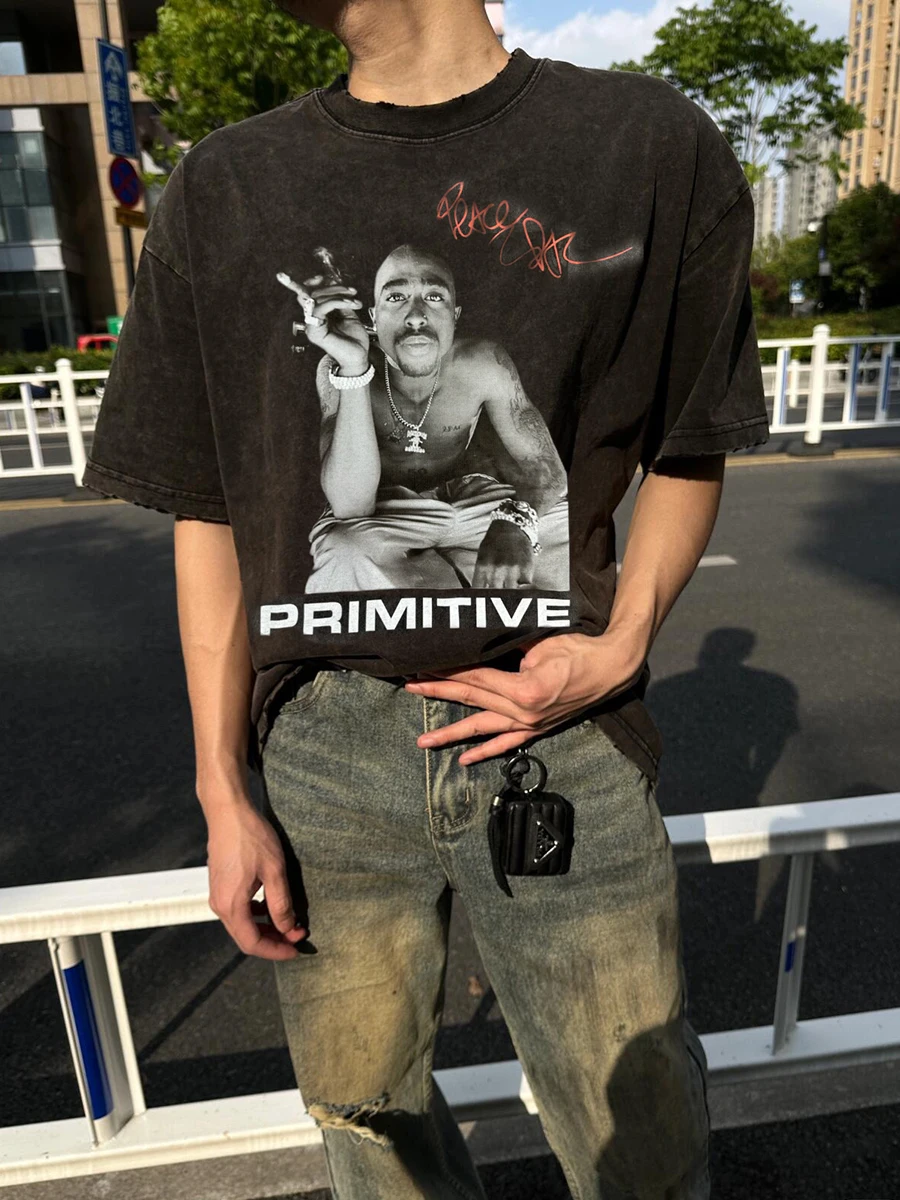 2Pac Collaborated American Heavyweight Washed Vintage Short Sleeve T-Shirt Portrait Direct Spray Casual Loose Fit Breathable ...