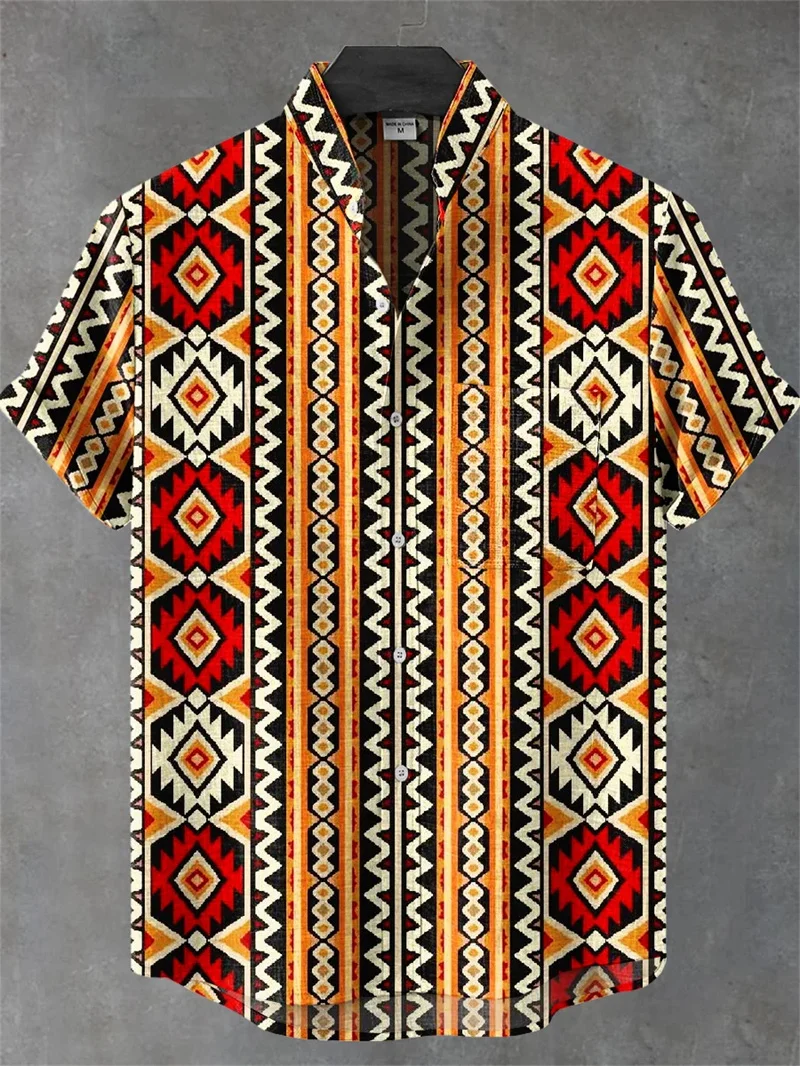 

Fashion trend 2025 men's retro short-sleeved bohemian tribe shirt, large Hawaiian casual tops social beach