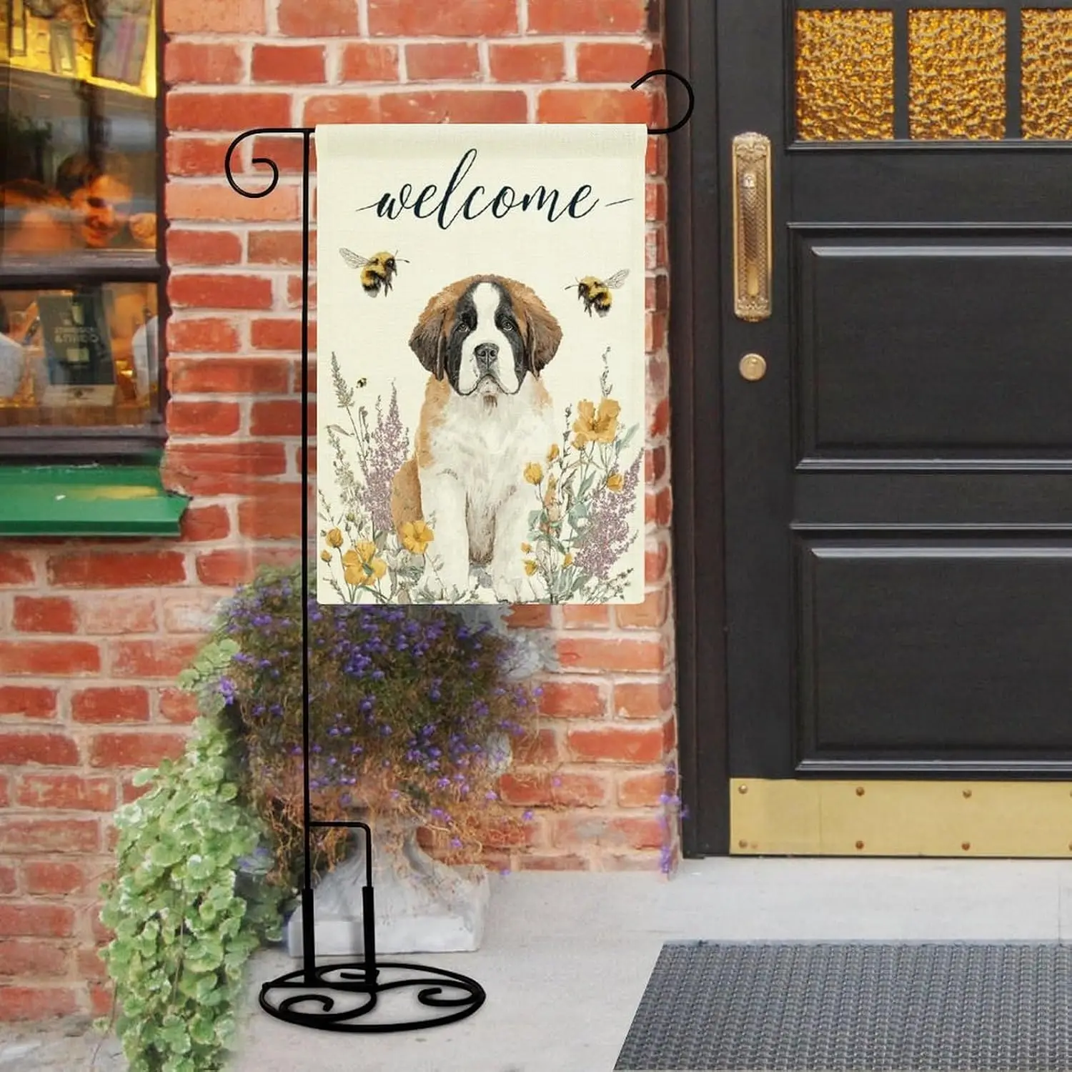 Spring Summer Saint Bernard Garden Flag 12x18 Inch Double Linen, Floral Flowers Flag Farmhouse Bees Holiday Front Yard Lawn  kkz