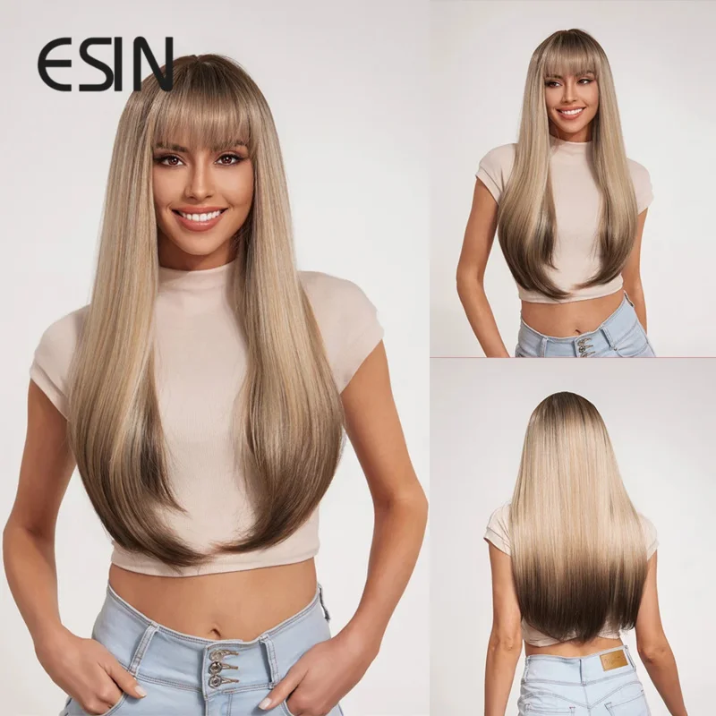 ESIN Synthetic Ombre Brown Wigs for Women Long Straight Wig with Bangs Heat Resistant Fiber DailyCosplay Party  Natural looking