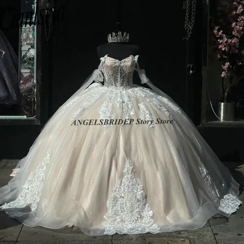 

Angelsbridep Champagne Quinceanera Dresses Ball Gown Sweetheart Beading Pearls Appliques Lace Vestidos De 15 Años Court Train