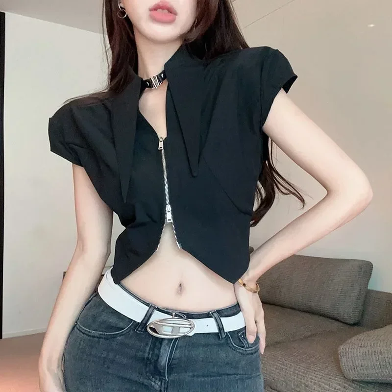 

New Design Shirts Women 2025 Summer Solid Zipper Polo-neck Short Tops Office Lady Casual Blouse Woman