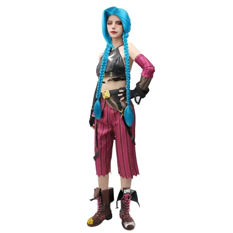 

DAZCOS Jinx Косплей Костюм Полный комплект с аксессуарами Аниме Игры Косплей Наряды с перчатками и поясом для Хэллоуина