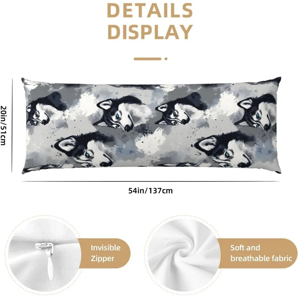 Zippered Body Pillowcase, No Insert - 20x54 -Eyed Husky Print Soft and Comfortable Long Removable Cover