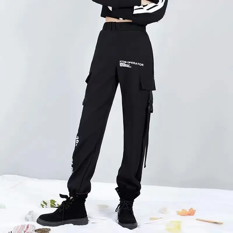 New Women Cargo Pants Ins Harem Pants Fashion Punk Pockets Jogger Trousers Chain Harajuku Elastics High Waist Streetwear Y19