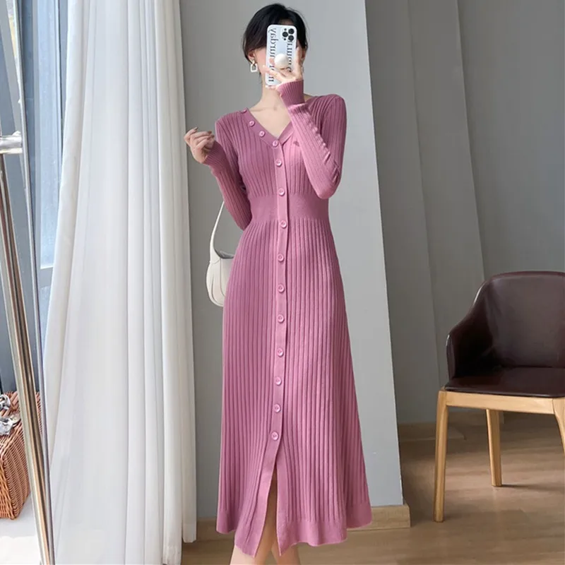 

Кардиган для женщин, трикотажное платье с v-образным вырезом и длинными рукавами, элегантное тонкое вязаное осенне-зимнее платье, женский джемпер, женский свитер, топы