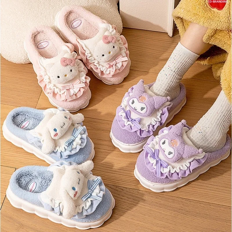 Kuromi Kawaii Ruffles Cotton Slippers Women Hello Kitty Cinnamoroll Warm Winter Cartoon Cute Sanrios Home Thick Sole Plush Shoes