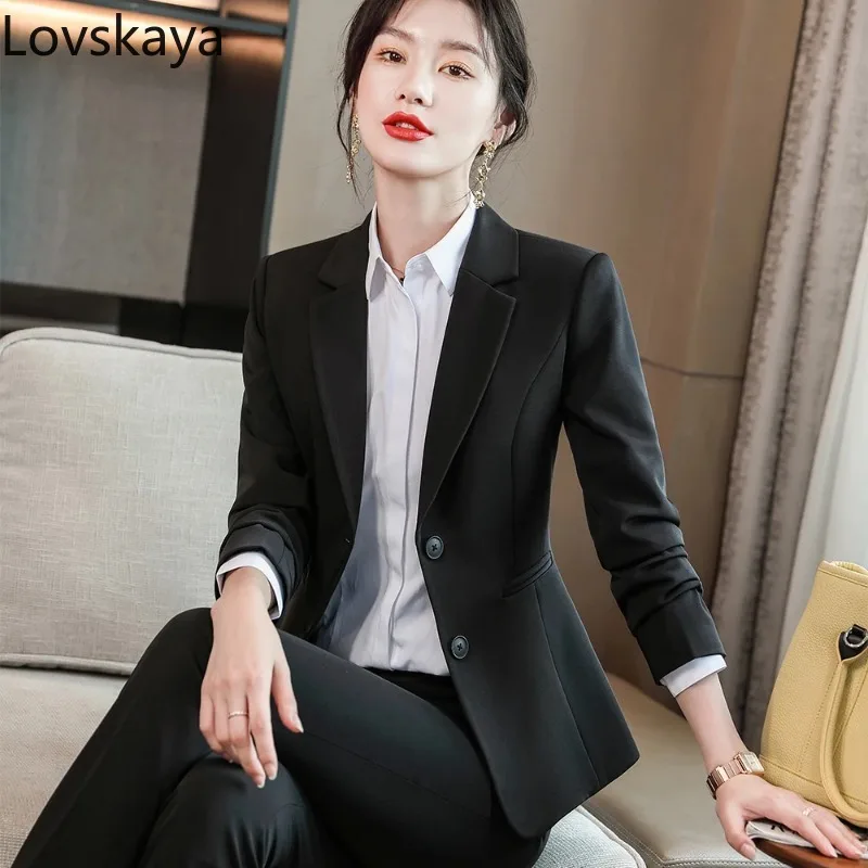 Classic Office Formal Pant Suit For Work Female Long Sleeve Blue Black Solid Two Piece Set Blazer and Trouser