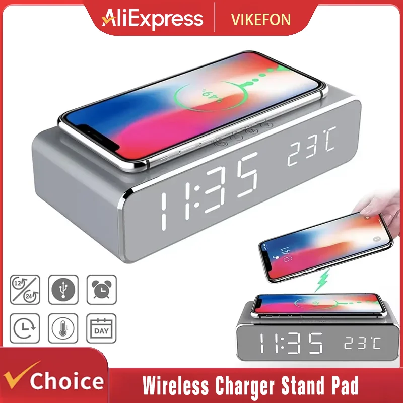 Support de chargeur sans fil, réveil, thermomètre, écouteurs, chargeur de téléphone, Station de charge rapide pour iPhone Samsung Xiaomi