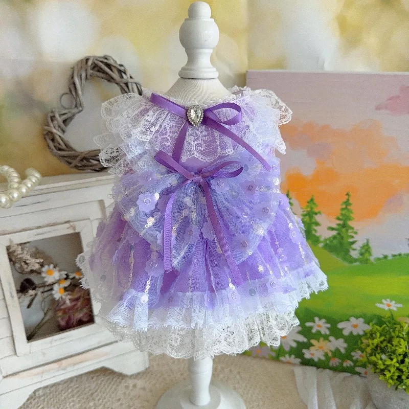 Purple Flower Sequin Pet Lolita Dress Lace Ruffle Hem Bow Decor Birthday Photo Shooting Princess Gown Costume for Small Pets