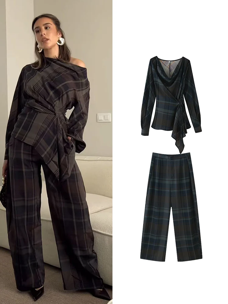 

TFMLN новый женский винтажный клетчатый асимметричный комплект рубашек, шикарная рубашка с открытыми плечами и завязками на талии, широкие брюки, модный женский повседневный костюм
