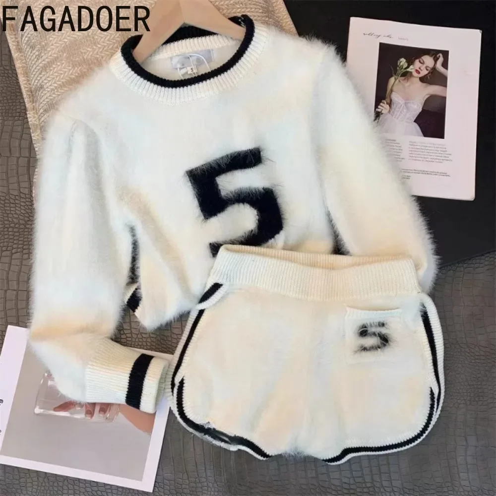 FAGADOER Fashion Knitt 2 Piece Sets Women Outfit Casual Letter Fur Patchwork Sweater Crop Top And Shorts Suits Female Streetwear