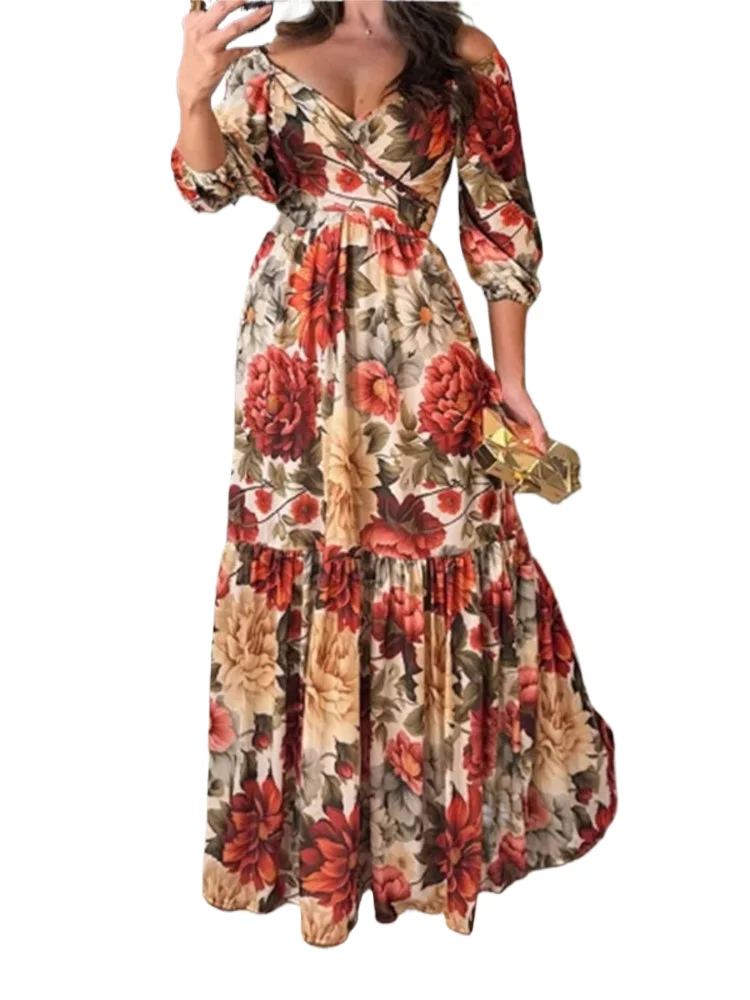 

Casual Women's Dresses 2025 Spring And Summer New Elegant And Fashion Printed Lace-up V-neck Big Sway Dress For Women Robe Femme