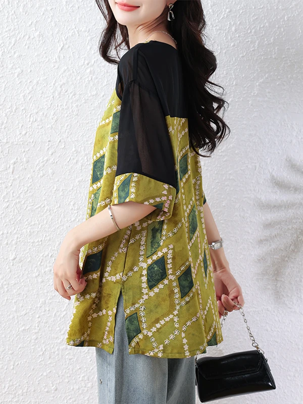 

Summer 2025 plus Size Women's Faionable Slimming Loose Print T-irt Top Vintage Floral ort Sve V-Ne Regular Fit