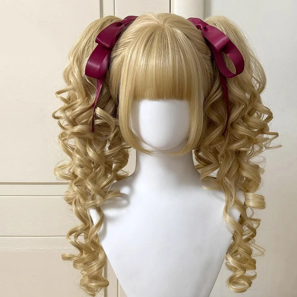 Synthetic Princess Cut Double ponytail Lolita Wig with Bangs Girl Ombre Blonde brown White gray Cosplay Halloween Harajuku wig