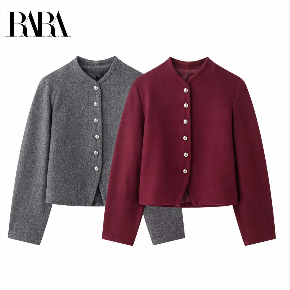 

2025 RARA Women's Stand - collar Button - up Woolen Jackets in Grey and Burgundy for a Classic and Elegant Look