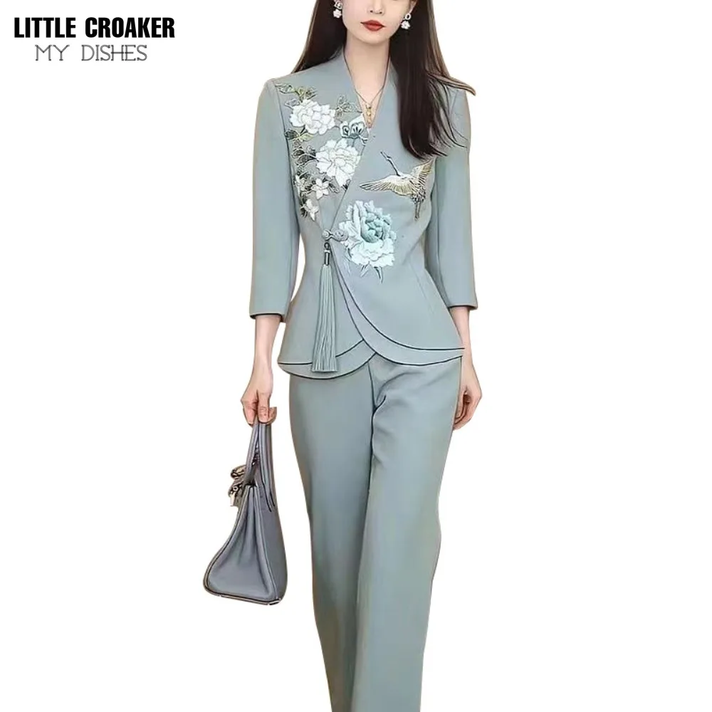 Designer Chinese Sky Blue 2 Pieces Pants Suit for Wedding Formal Occasion Women Ladies Evening Party Tuxedos Formal Work Wear