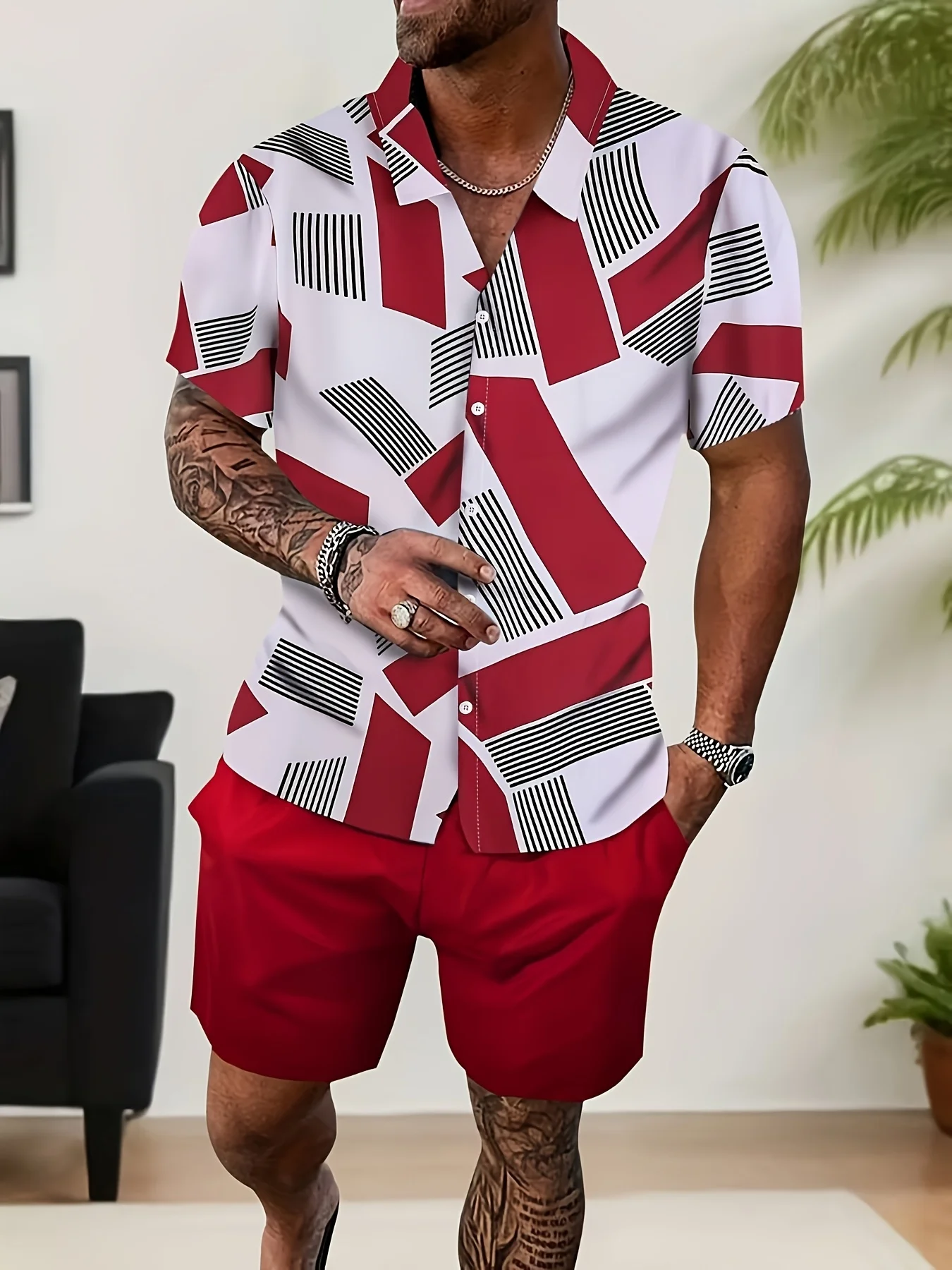 

Men'S Stylish Geometric Print Short Sleeve T-Shirt & Drawstring Pocket Shorts Pajama Set Summer Loungewear with Button-Up Collar