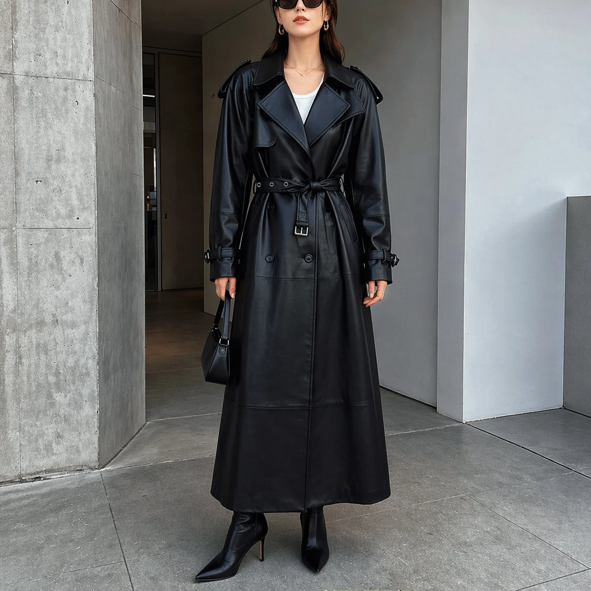 Imported A-level Sheepskin Women Extra Long Trench 2026 Fall Stylish Classic Double-breasted Belt Slim Real Leather Trench Coats