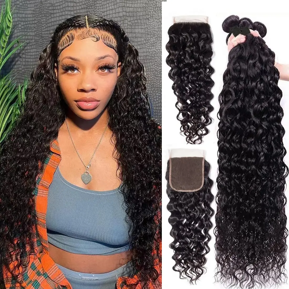 Water Wave Hair Bundles with Closures 22 24 inch Wet and Wavy Human Hair Bundles with 5x5 Lace Closure 10ABrazilian Hair Bundles