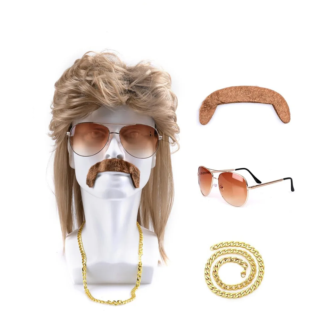 80s Disco Synthetic Wig Set Golden Brown Wigs Sunglasses Gold Chain Mustache for Men Retro Rock Halloween Party Fancy Accessory view 4