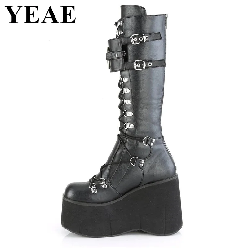 Thick Sole Cross-tied Mid Calf Boots Women Platform Wedges Gothic Shoes Super High Heel Black White Sexy Knight Boots Large Size