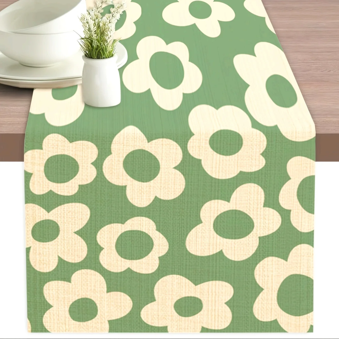 Vintage Green Floral Linen Table Runner -  Rectangular Decor for Indoor Outdoor Holiday Wedding Party