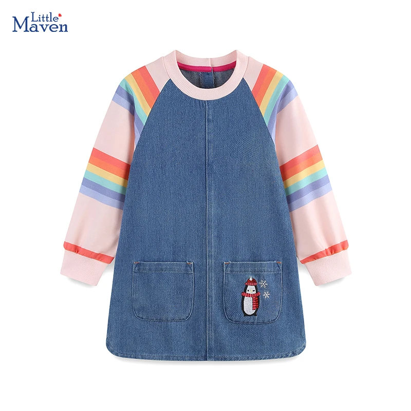 

Детская одежда Little maven, осень-весна 2022, платье с рисунком снежного человека для маленьких девочек, радужные платья принцессы с длинными рукавами