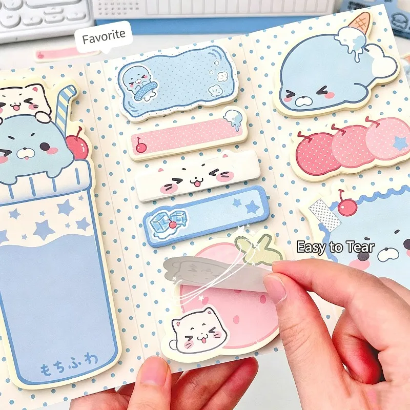 Fold‑able Sticky Notes Blue‑White Cartoon 3‑Fold Memo Pad, Tear‑off Irregular Notepads for Journal Scrapbooking Message Supplies
