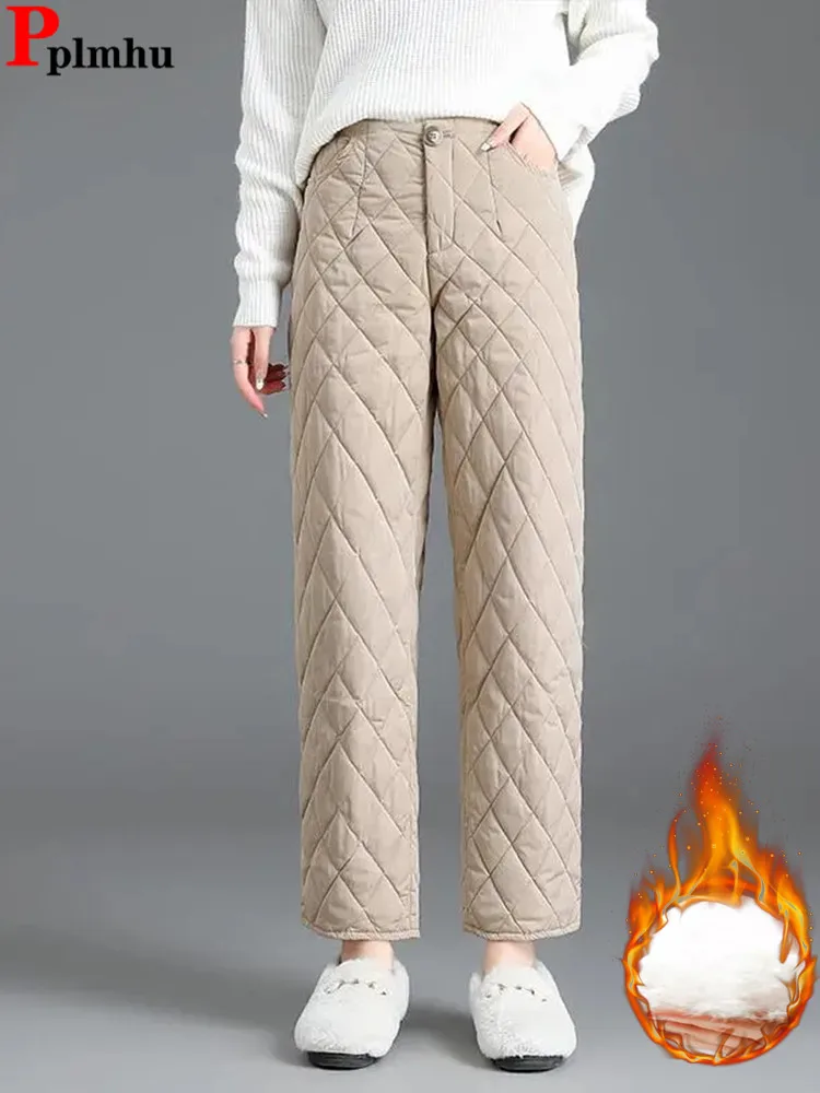 Snow Wear High Waist Pantalones Down Cotton Warm Harem Ankle-length Pants Casual Thicken Winter Fluffy Women Spodnie