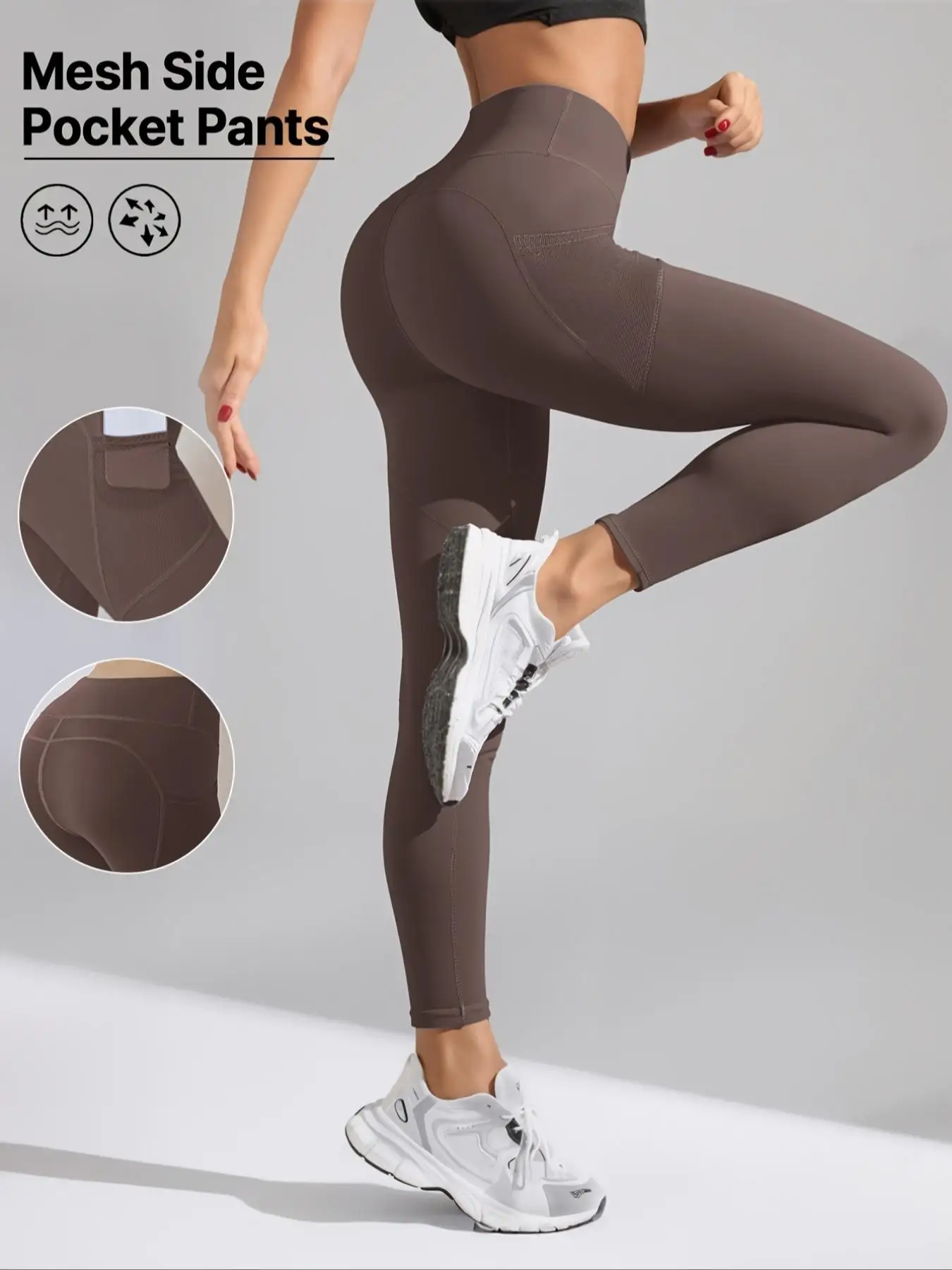 Women's High-Waisted Leggings with Mesh Pockets, Tummy Control & Butt Lift Design, Sporty Style for Yoga Fitness All Seasons Wea