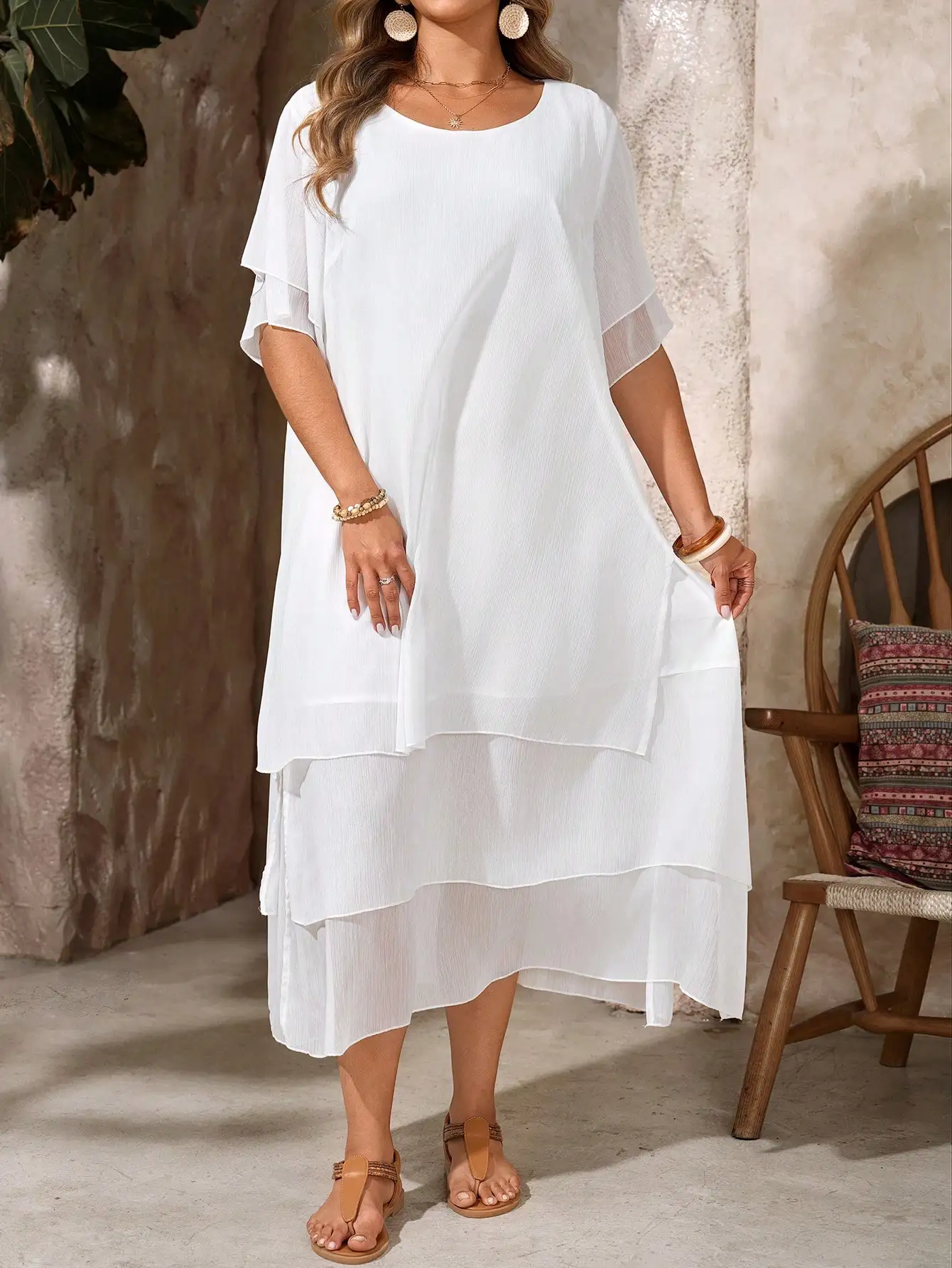 

White Bohemian Flowy Tiered Dress With Round Neck Short Sleeve For Summer Casual Beach Festival