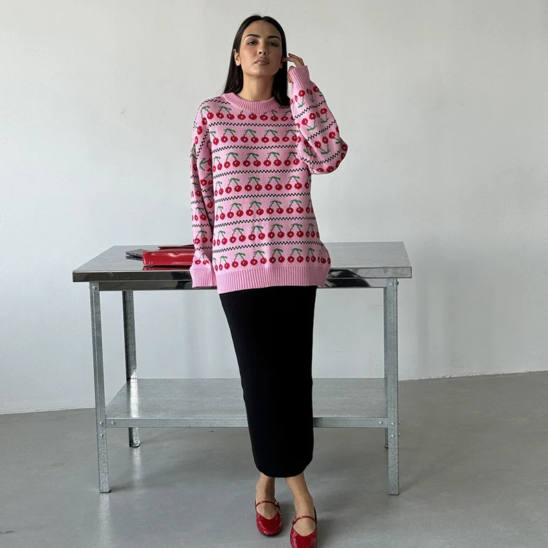 MSCSZ Cherry Printed Oversize Sweter Kobieta O-Neck Długi rękaw Przytulny Sweter Jesień Zima Świąteczny Sweter Kobieta