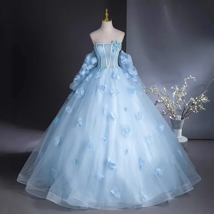 Light Blue Strapless 3D Flower Tulle Ball Gown With Detachable Sleeves Quinceanera Wedding Birthday Party Dress Free Petticoat