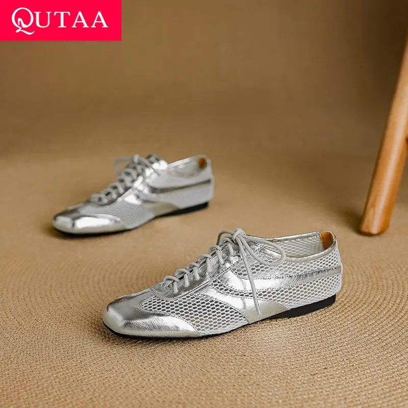 

QUTAA 2025 модные женские туфли на плоской подошве, повседневные сетчатые туфли-лодочки из натуральной кожи на шнуровке с круглым носком, вечерние туфли-лодочки, летние модельные женские туфли 34-40