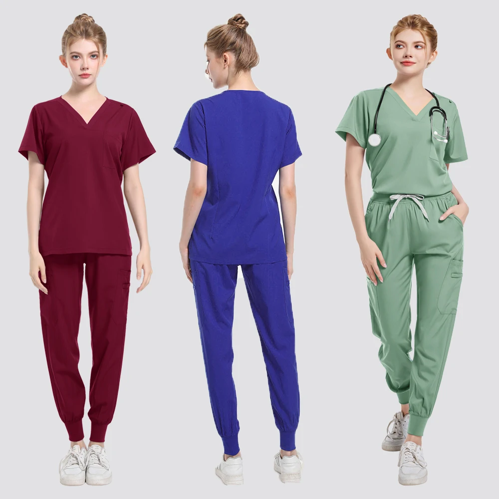 포켓 바지와 새로운 짧은 소매 스크럽 탑 의료 간호사 유니폼 의사 수술 작업복 스파 아웃웨어 뷰티 살롱 작업복
