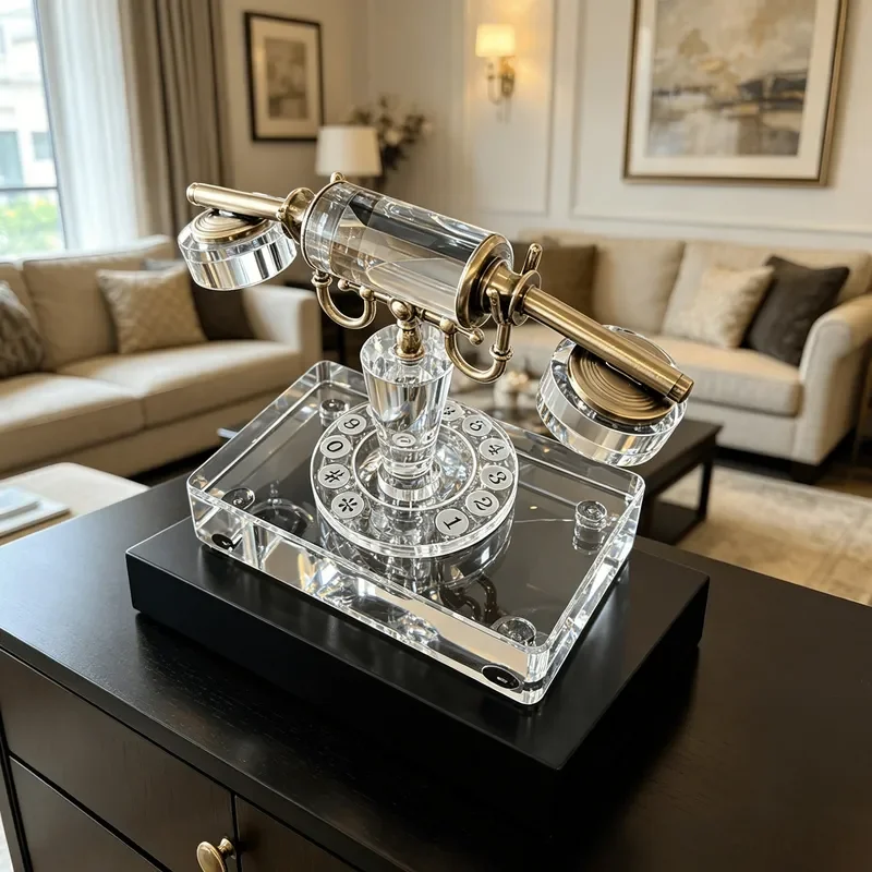 Retro Italian Style Crystal Metal Telephone Ornament Luxury Home Decor Living Room Entrance Soft Decoration Handicraft Model