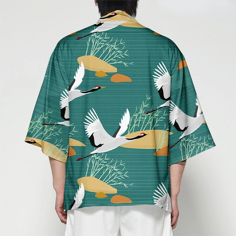 

Summer Crane Print Kimono Unisex Hawaiian Shirt Trendy Beach Tops Fashion Yukata Bathrobe Haori Loose Kimono Cosplay Outwear