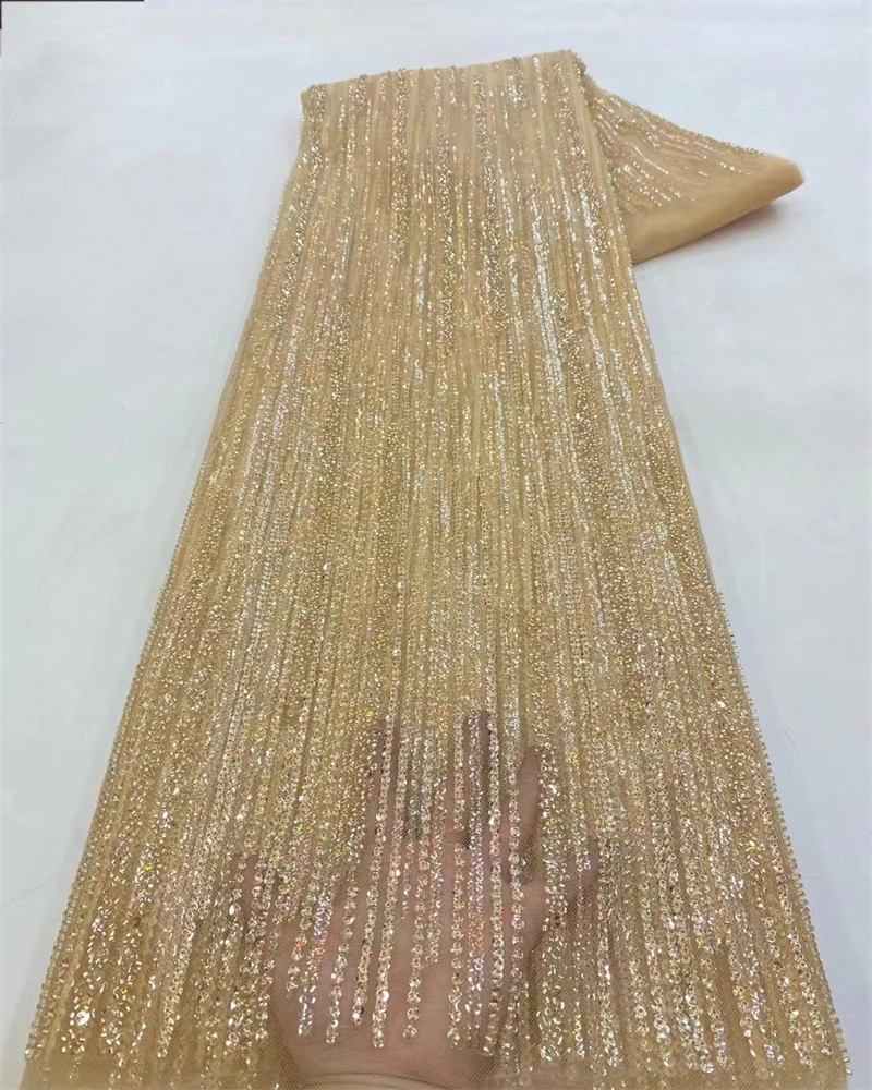 French Beaded Mesh Lace Fabric 2024 Luxurious Nigerian Tulle Groom African Sequins Lace For Women Evening Dress Sewing