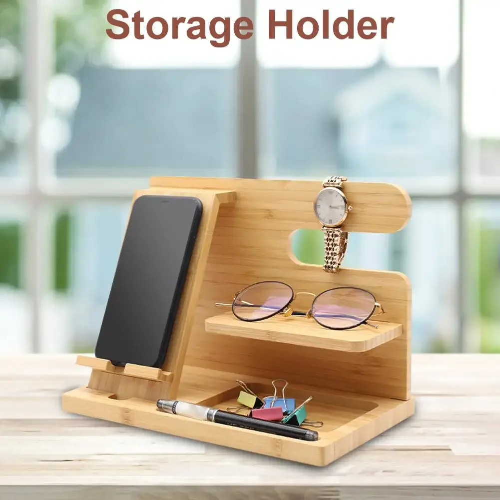 Phone Stand Wooden Multifunctional Desktop Organizer Key Holder Wallet Stand Tablet Holder Table Support Storage Shelf