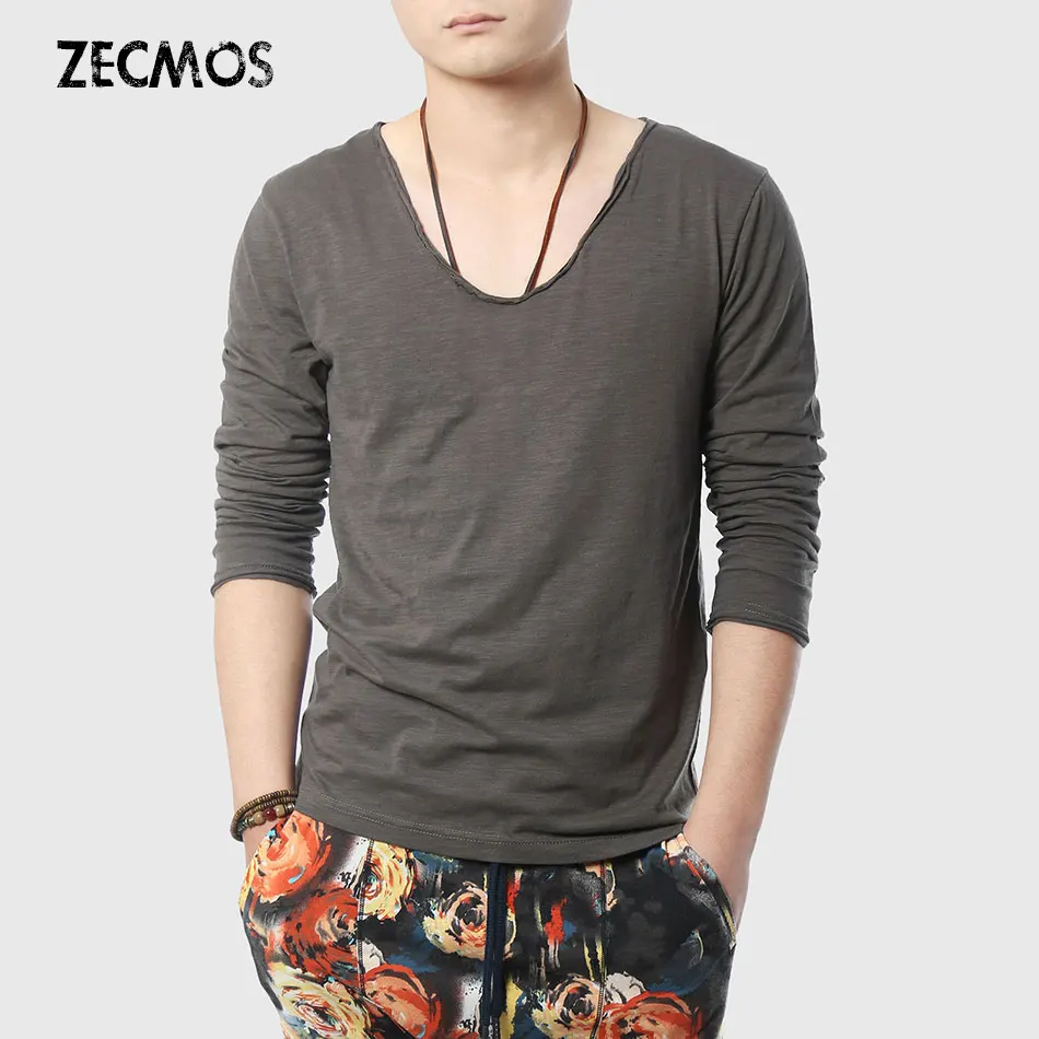 Zecmos Men T-Shirts Long Sleeve Male V Neck T Shirt For Men Vneck Tee Male Tshirts Slim Fit Top Tees Swag Wide Low Neck