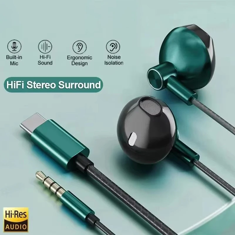 Type C 3.5mm HIFI Stereo Wired Earphones Heavy Bass In Ear Headphones With Mic Earbuds Noise Reduction Gamer Headset For Xiaomi