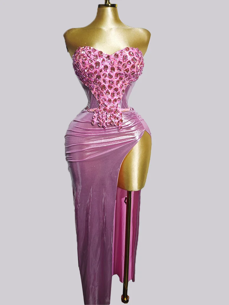 

New Stage Costume Shining Pink Strapless Rhinestones 2 PCS Set Dresses Birthday Dance Bars Party Outfits drag Show Women Wear