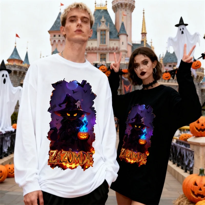 ZAZOMDE Spooky Women Men Halloween Witch Black Cat Print Long Sleeve T-Shirt Cotton Unisex Top For Gothic Style Comfort Wear
