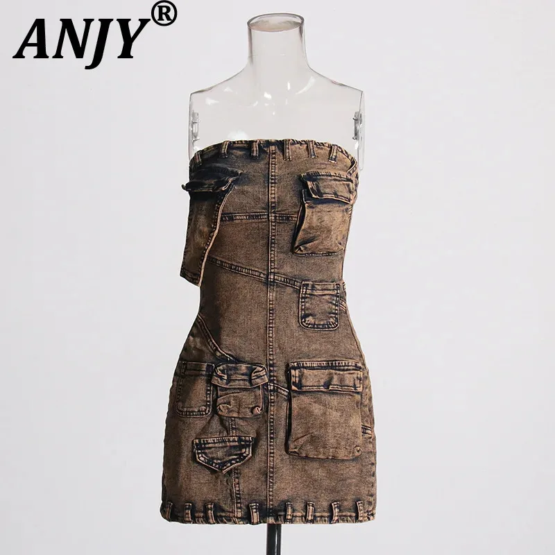 ANJY Spring Summer New Women Sexy Sleeveless Strapless Bodycon Stylish Solid Color Patchwork Trend Multi-Pocket Ins Dress A22278